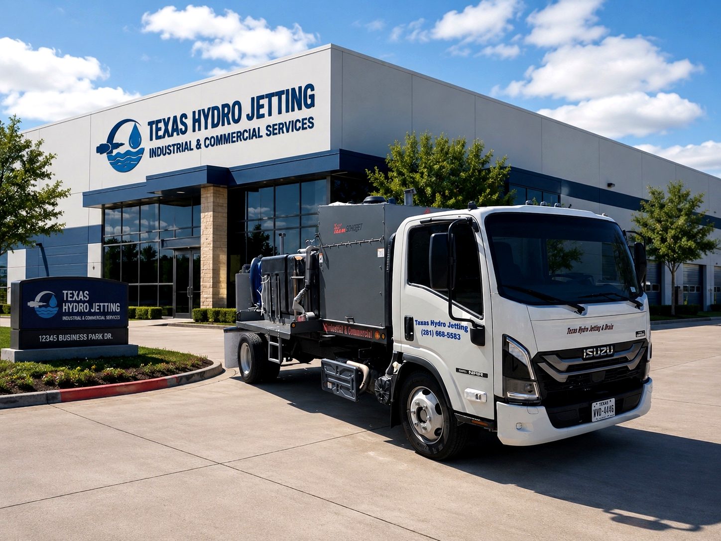 Dallas Hydro Jetting truck with Dallas skyline for commercial drain cleaning Dallas Hydro Jetting truck with Dallas skyline for commercial drain cleaning